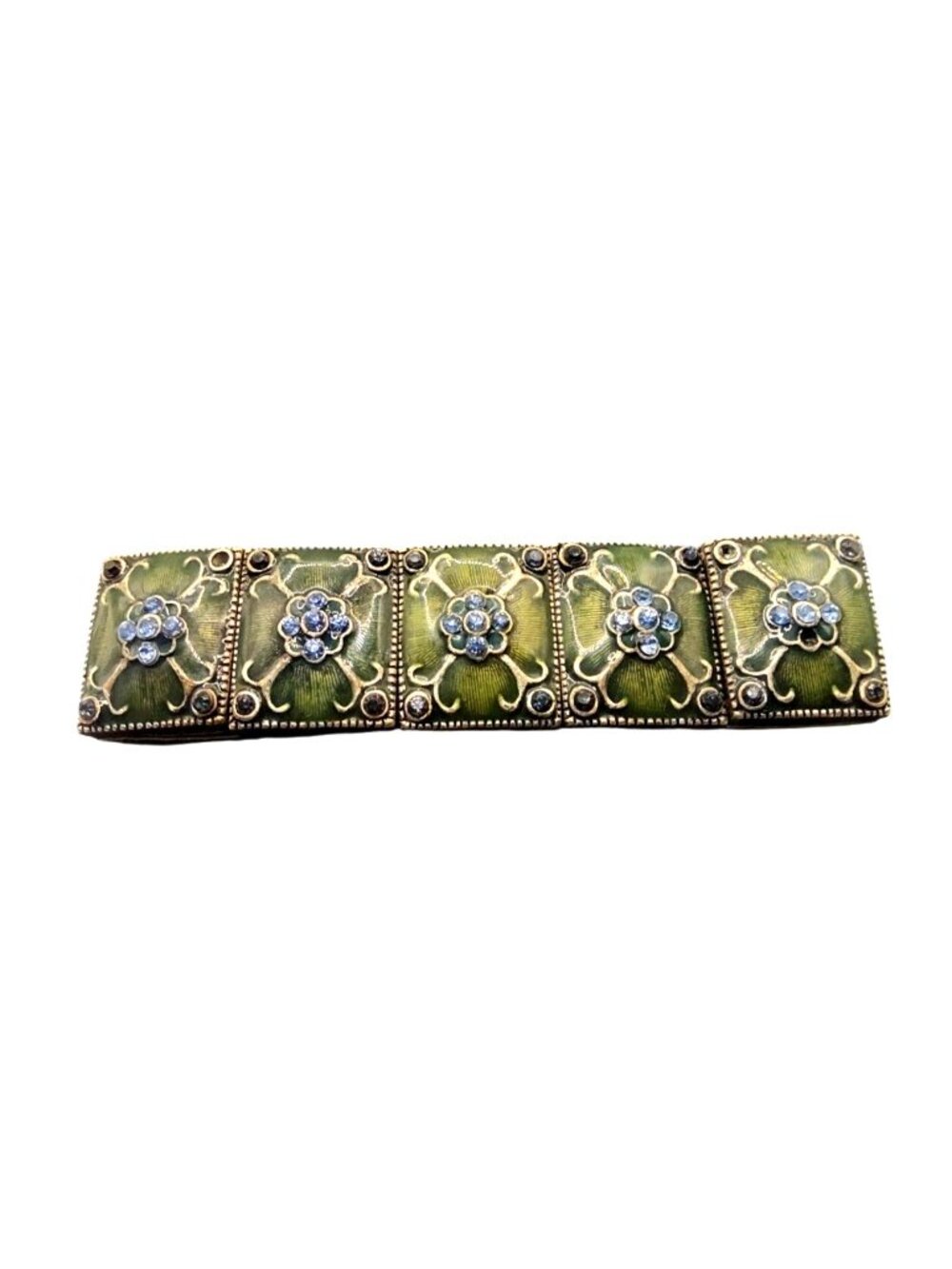 Vintage Green Enamel Bracelet With Blue Rhinestone Floral Accents Stretchable